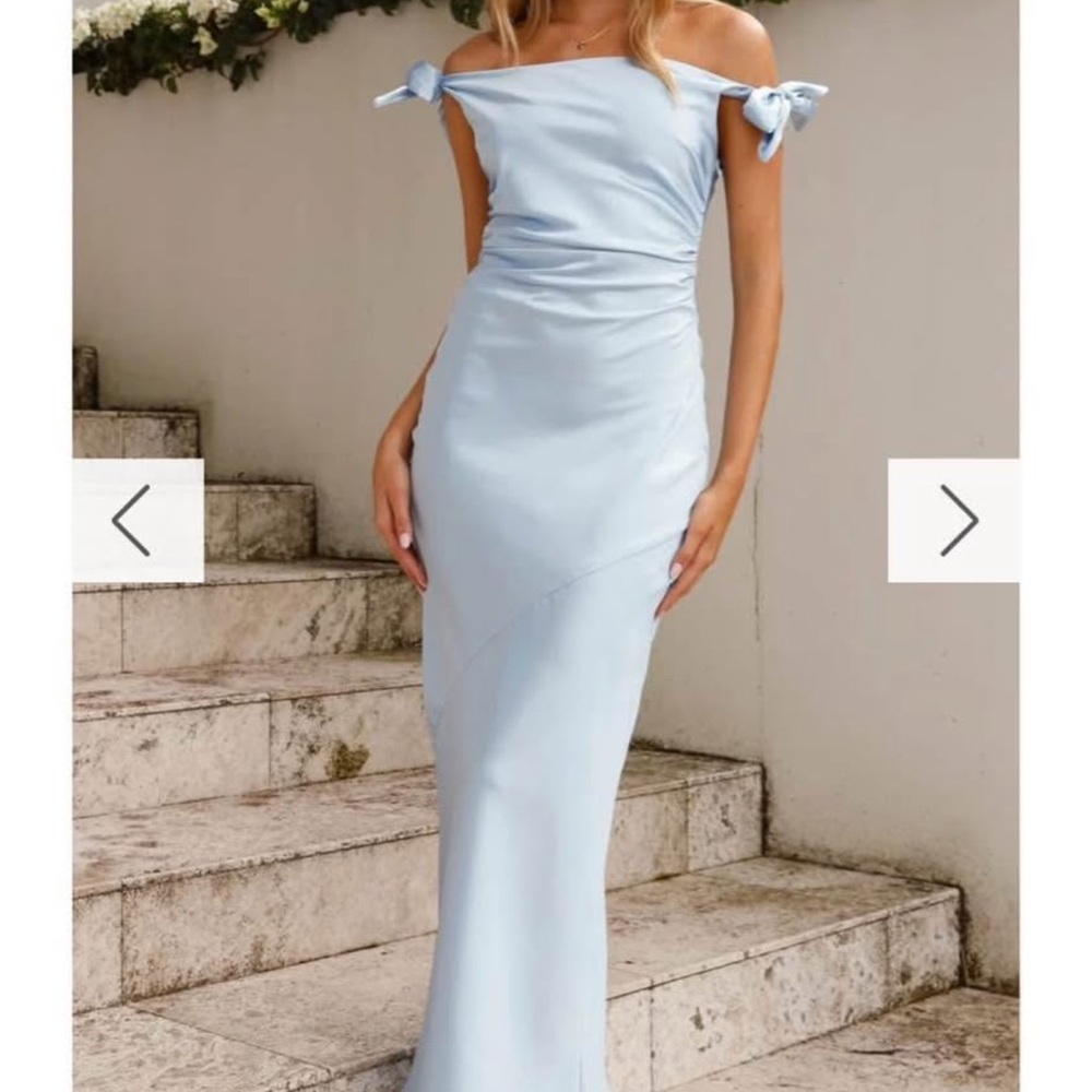 Blue Asymmetrical Ruched Off-Shoulder Gown